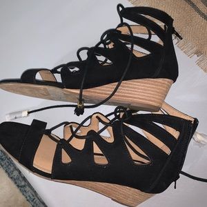 Black wedge tie up sandals